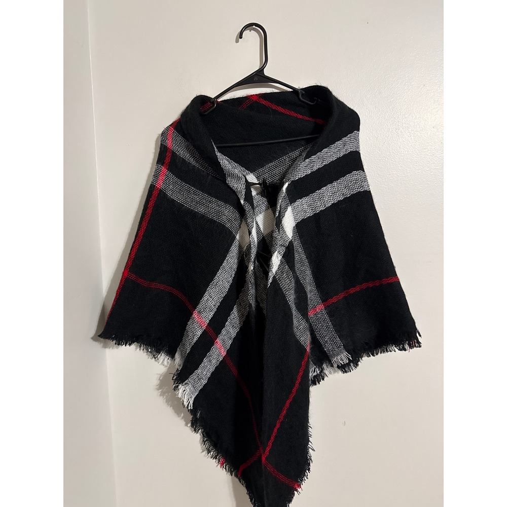 Black Plaid Poncho Wrap with Toggle Closure and Fringe Trim
